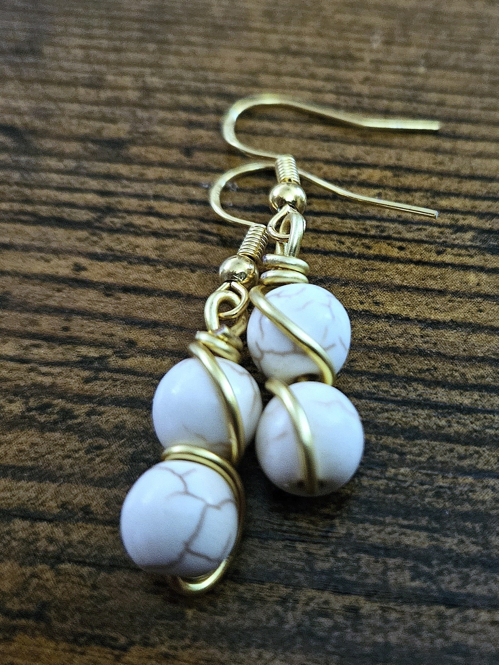 Gold Wire Wrapped White Agate Drop Earrings - Women Jewelry